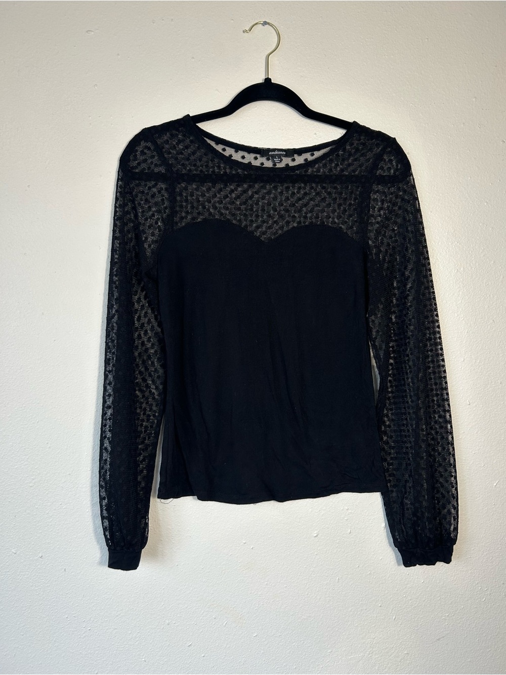 Ambiance Black Mesh Polka Dot Long Sleeve Top Sweetheart Neckline Women's Size L - Picture 2 of 6